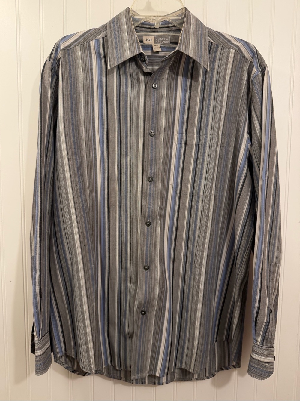 neutral blue striped button up top